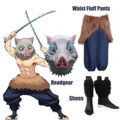 Demon Slayer Hashibira Inosuke Halloween Pig Head Cover Waist Fluff Pants Cosplay Costume