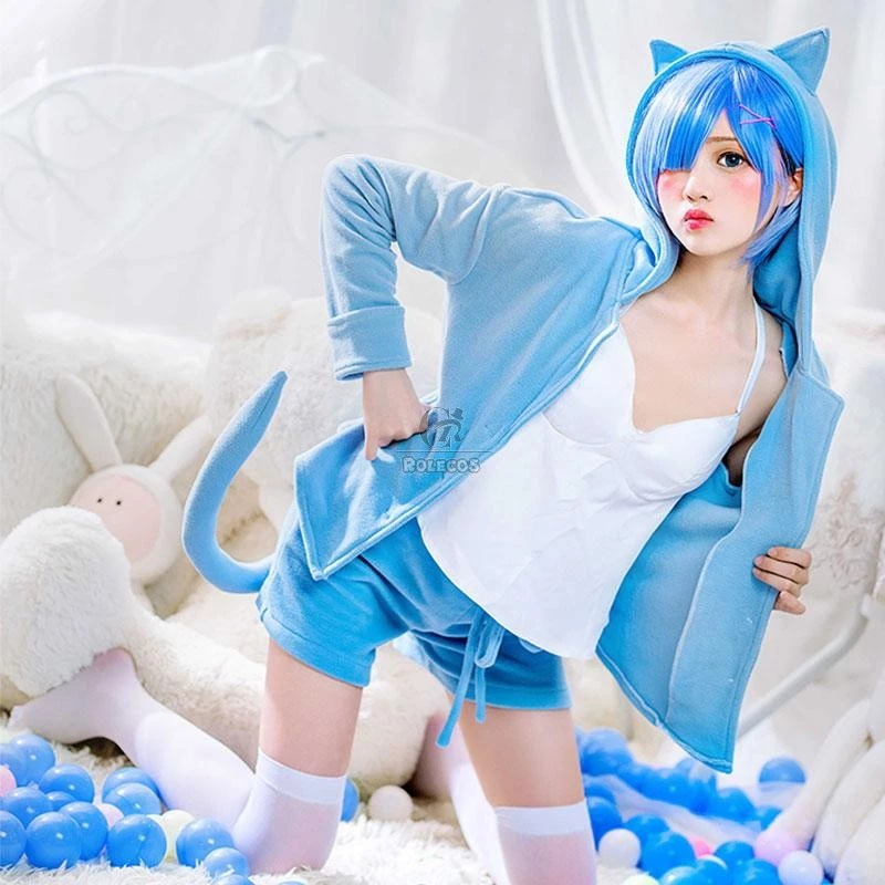Re:ZERO -Starting Life in Another World Rem Ram Cat Pajamas 2 Colors Daily Cosplay Costume - Image 7